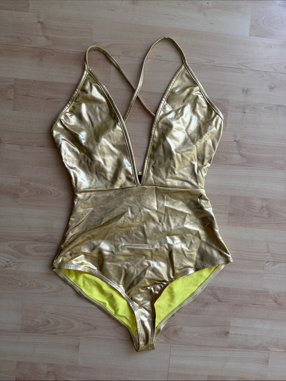 Frederick's of Hollywood Metallic Gold Deep Plunge One Piece Swimsuit / Bodysuit